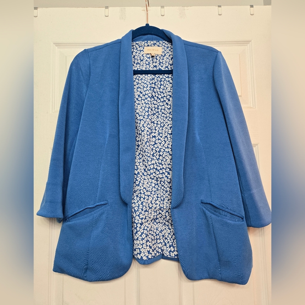 Skies Are Blue Blue Open Front Blazer 3/4 Sleeve